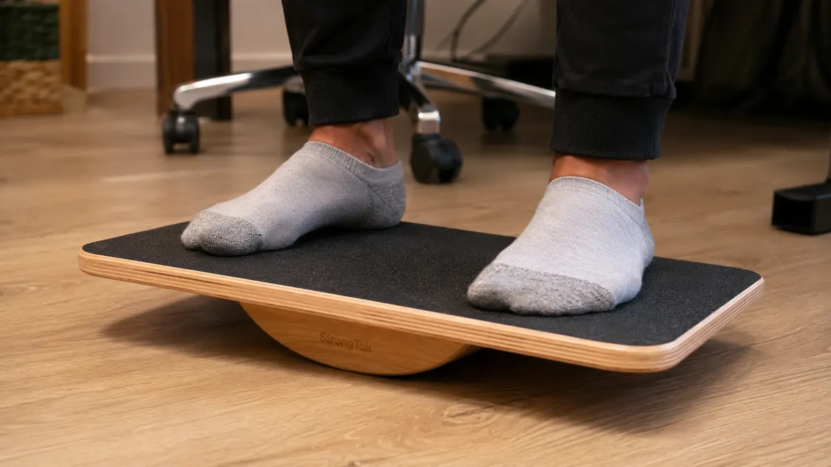 Close-up of feet standing on the StrongTek wooden balance board's textured non-slip surface