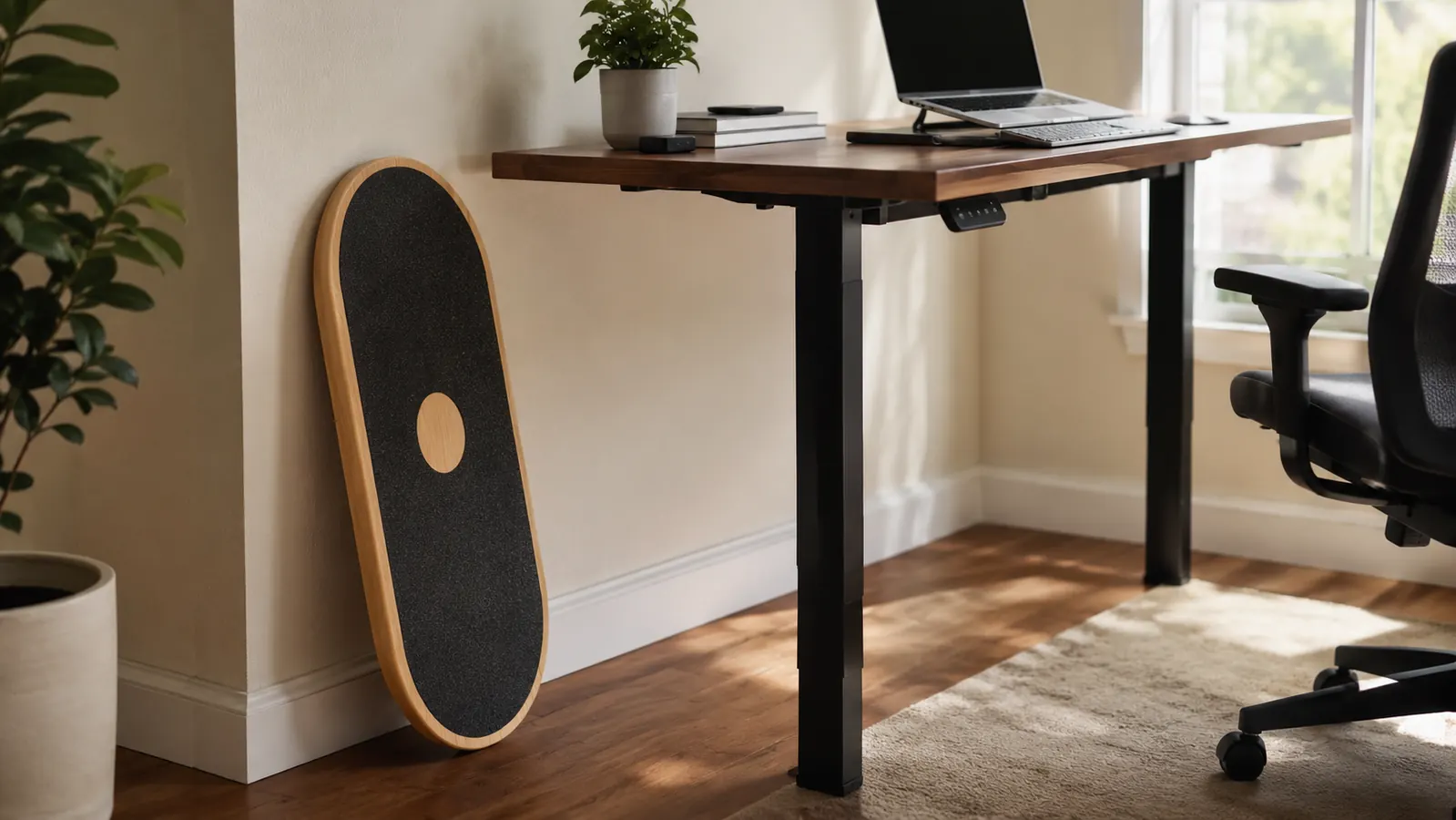 Wooden balance board leaning against the wall beside a small home office desk
