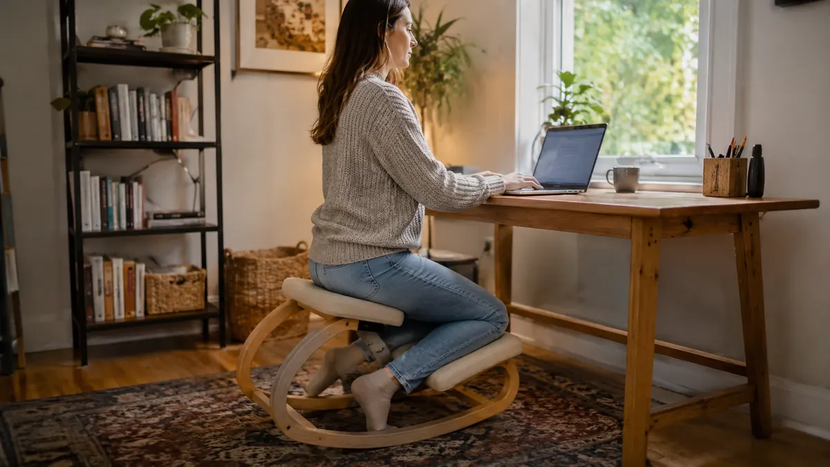 Man in business-casual shirt sitting on a NYPOT kneeling chair at his desk, spine upright, typing on a keyboard