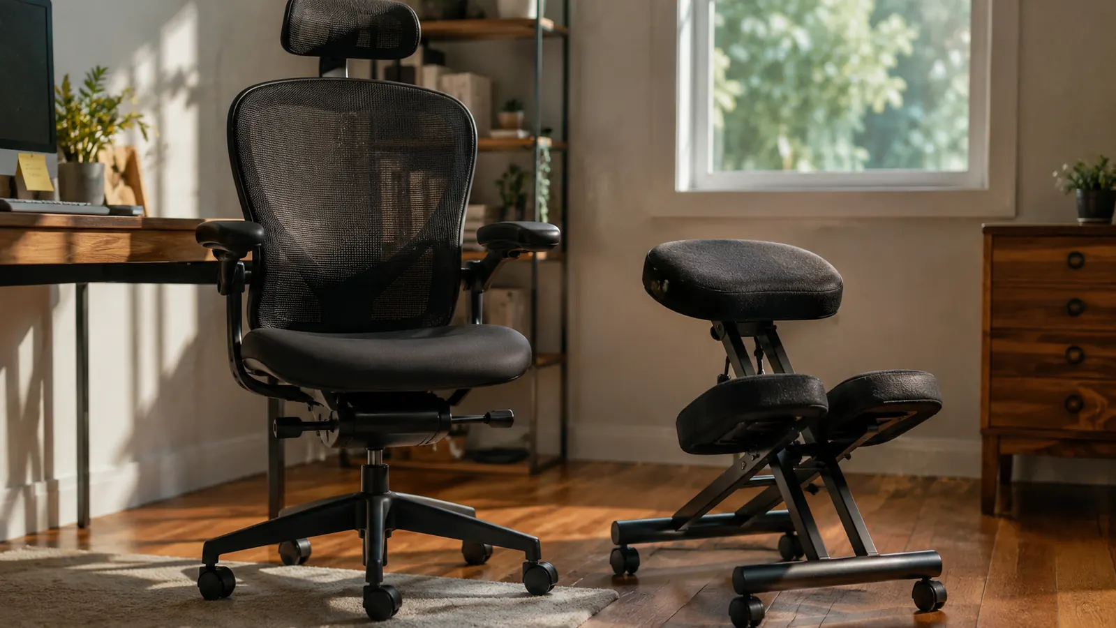 Home office corner with a kneeling chair tucked next to a regular desk chair, both available side by side