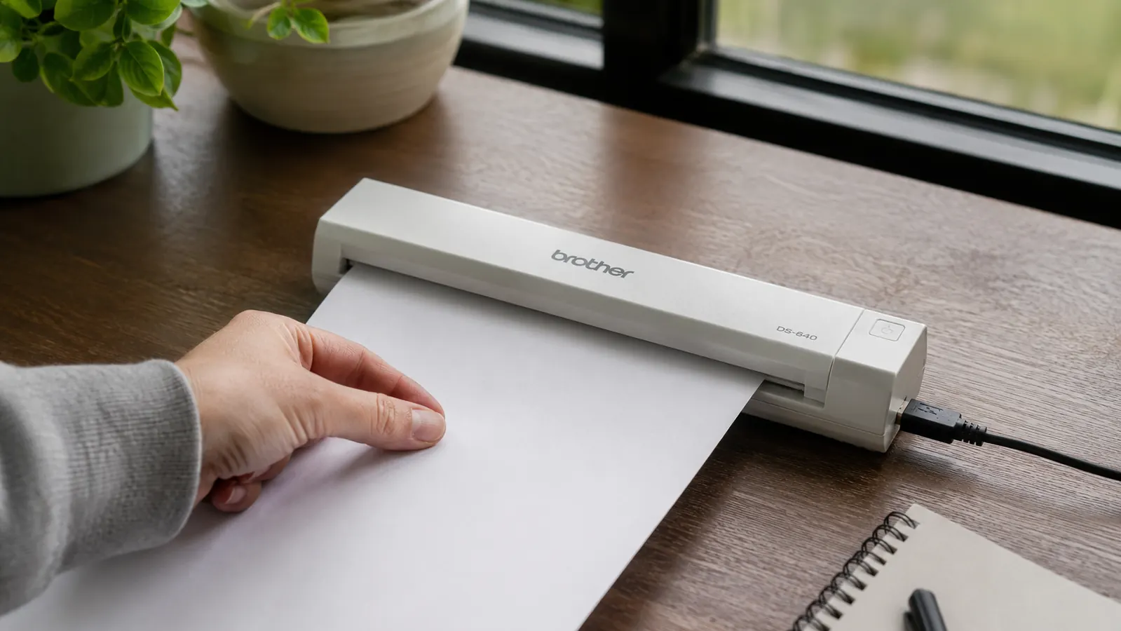 Hand feeding a paper document into the slot of a compact portable scanner on a desk