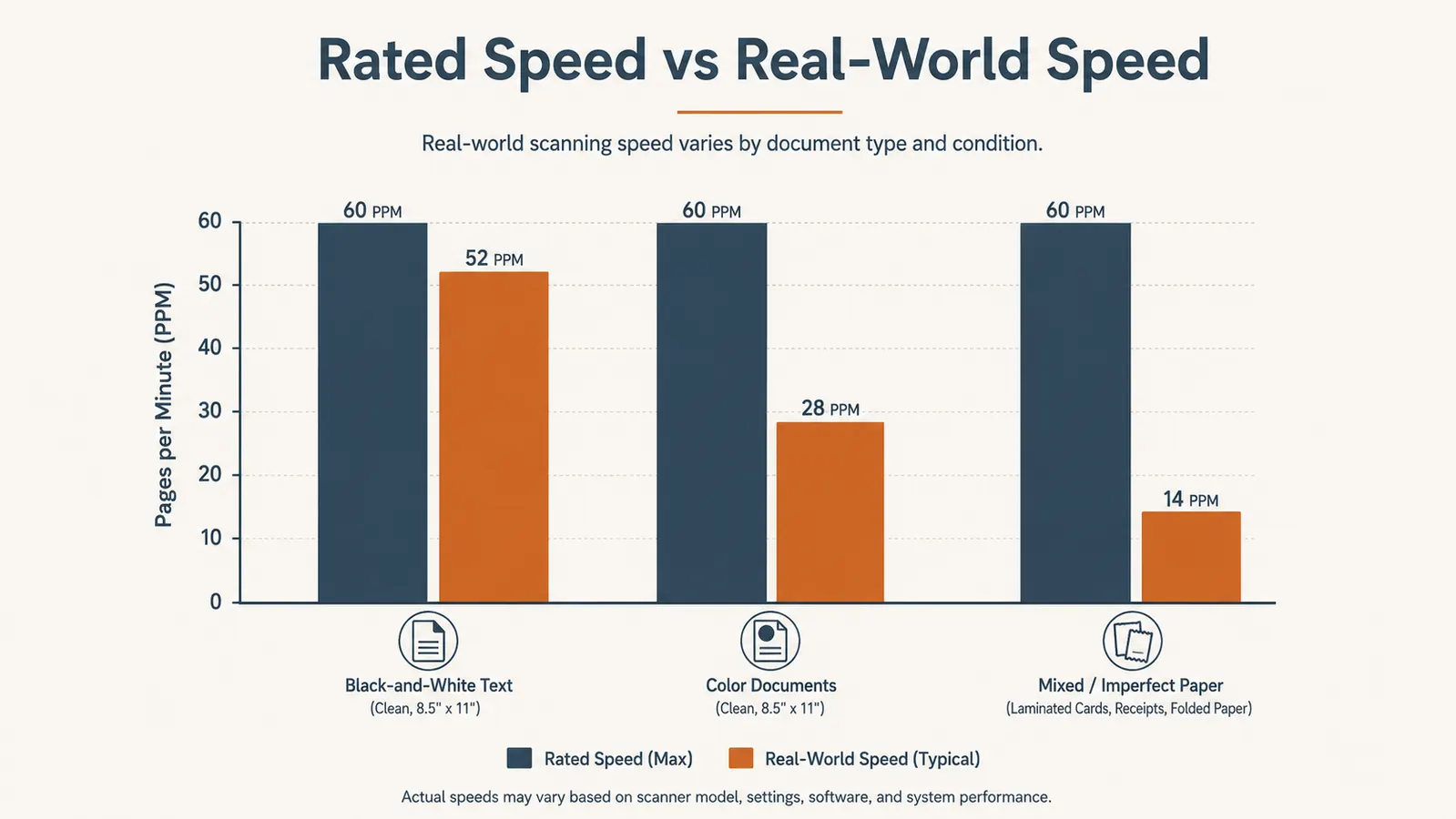 Chart comparing the Brother DS-640's rated scan speed against real-world scan speed for black and white versus color and mixed paper