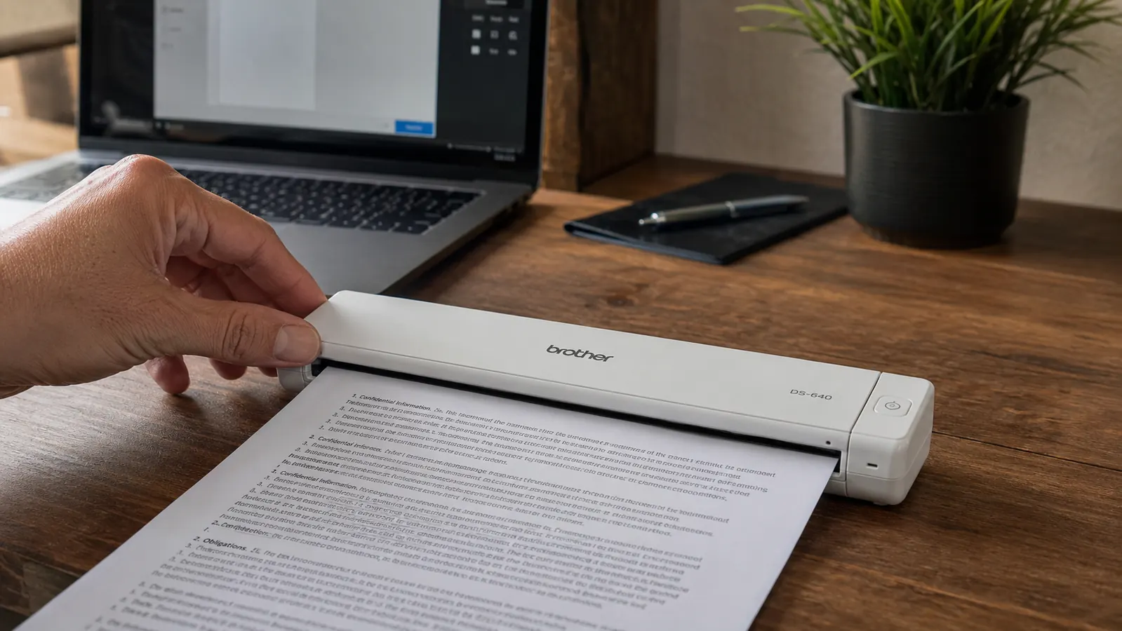 Hand feeding a signed contract page into the Brother DS-640 portable scanner on a desk