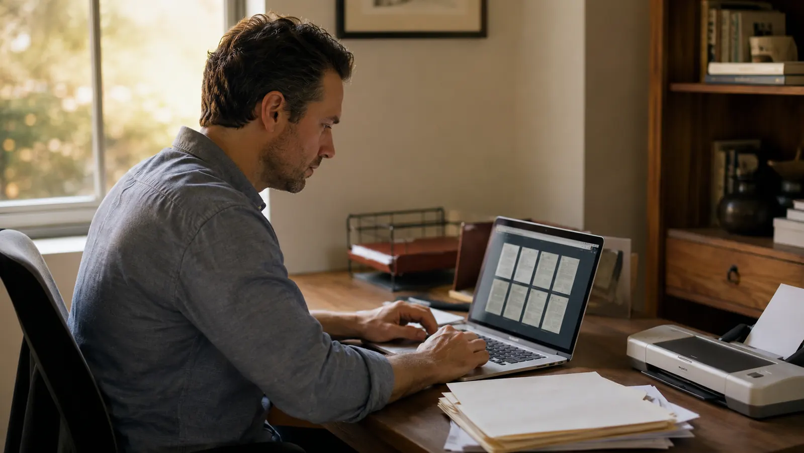 Remote worker at a tidy home office desk filing a scanned document folder on a laptop
