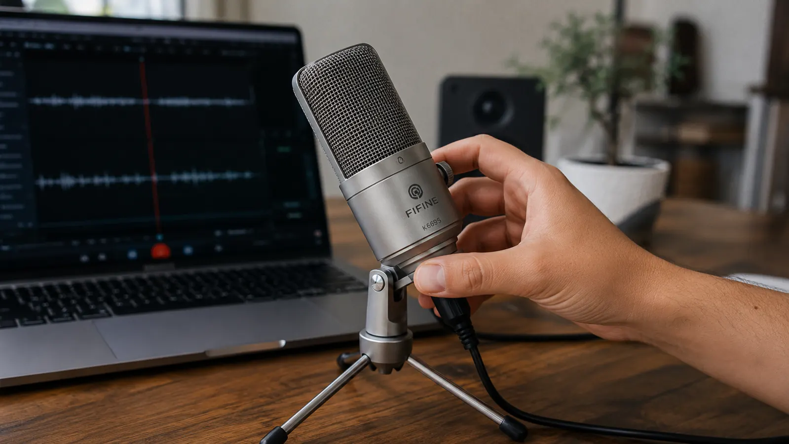 Close-up of a hand testing microphone placement near the FIFINE K669S to avoid plosive pops while speaking