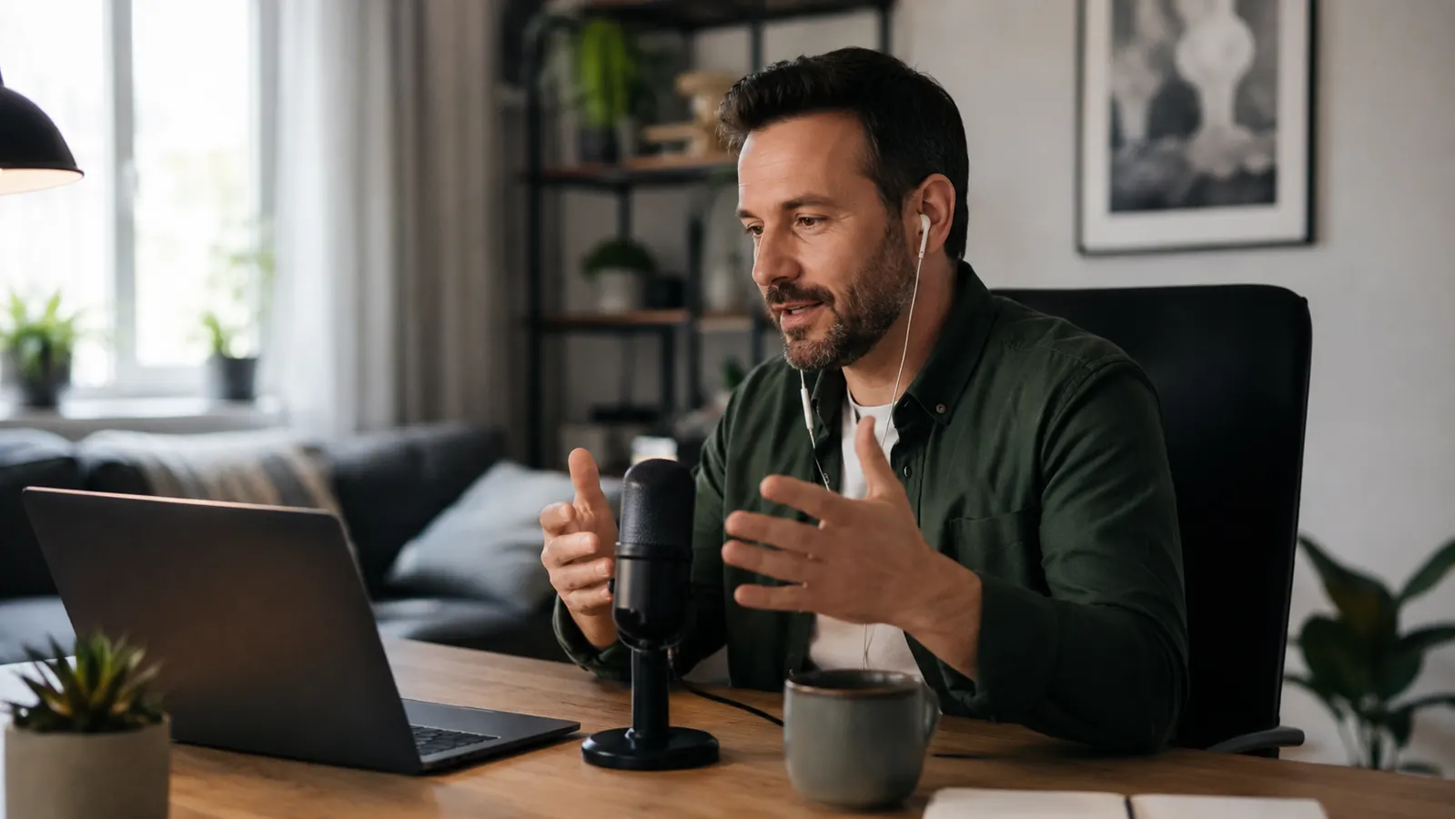 Remote worker on a video call using a desktop USB microphone at a home office desk