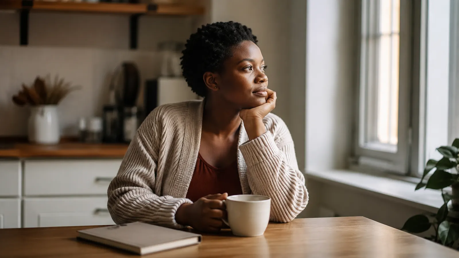 Man sitting at a kitchen table with a cup of coffee in quiet late afternoon light, notebook open beside him