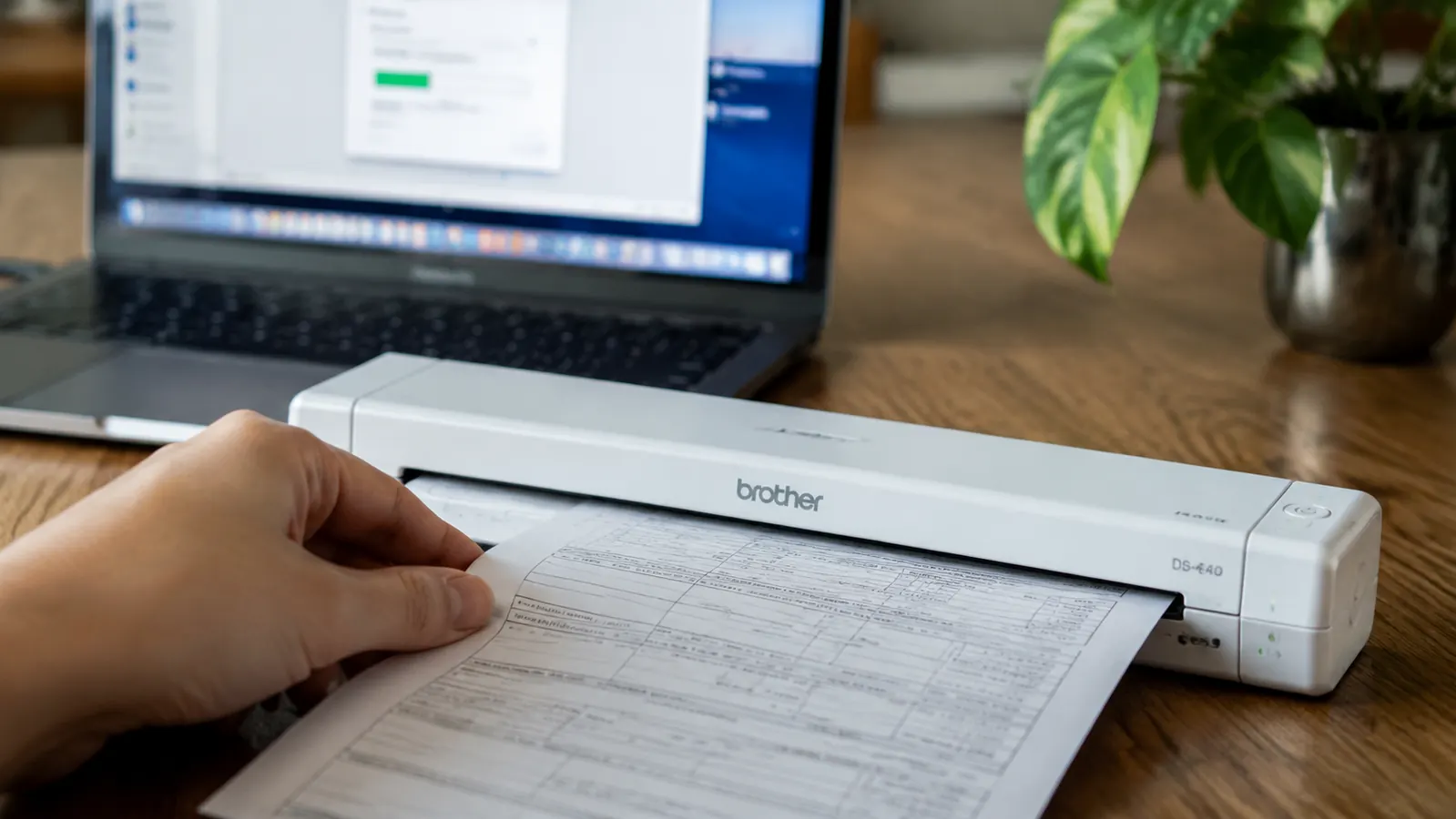 Close-up of a hand feeding a signed mortgage document into the Brother DS-640 portable scanner on a desk