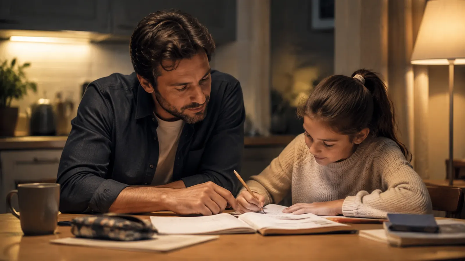 Man and his daughter at a kitchen table in the evening, laptop and empty paper tray visible nearby