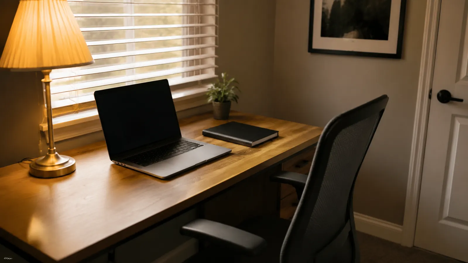 Tidy home office desk with a single closed notepad, laptop, and coffee mug, no loose paper visible