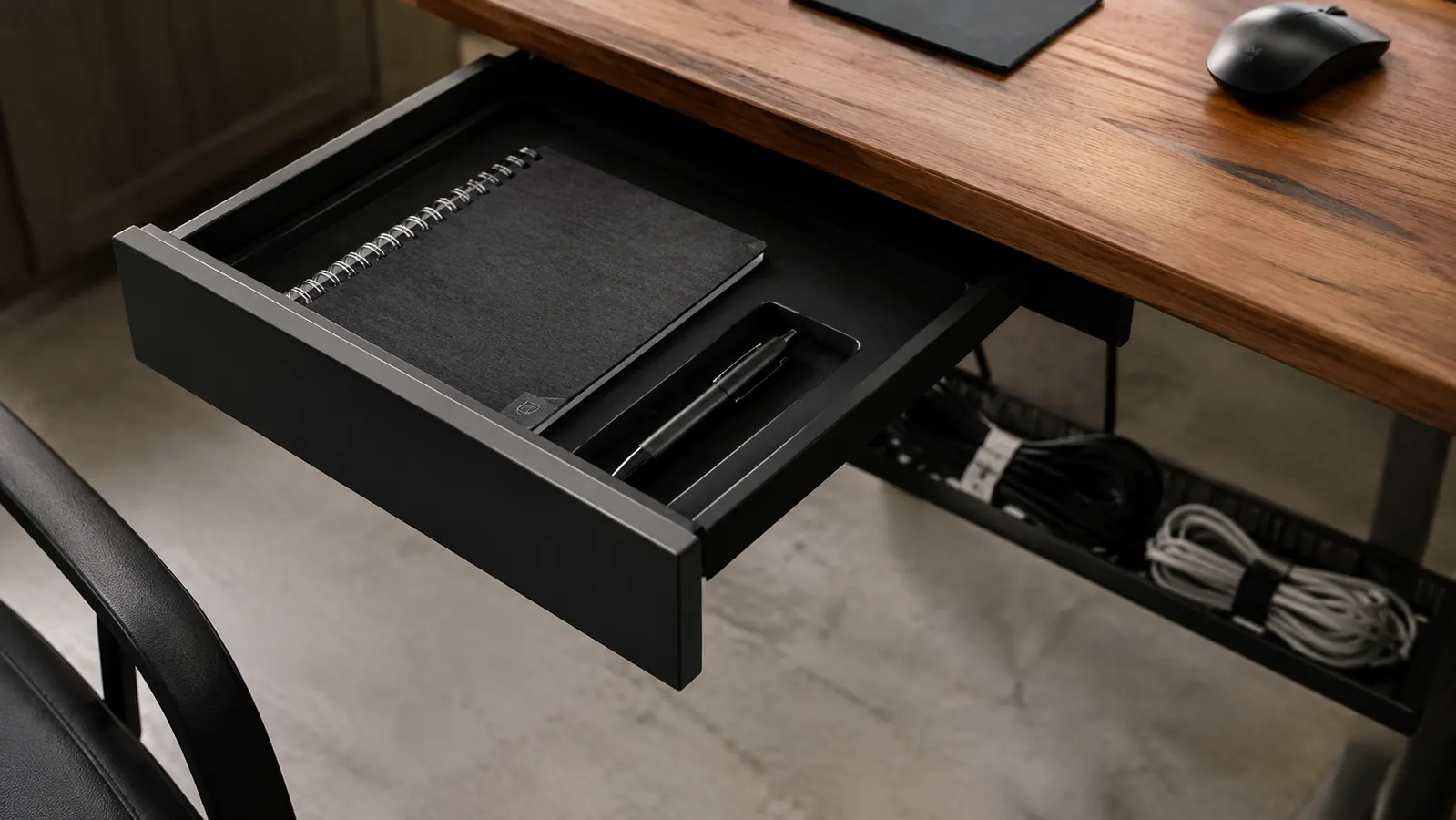Cleared home office desk with the Rocketbook Flip stored in a shallow drawer tray and cables tucked away