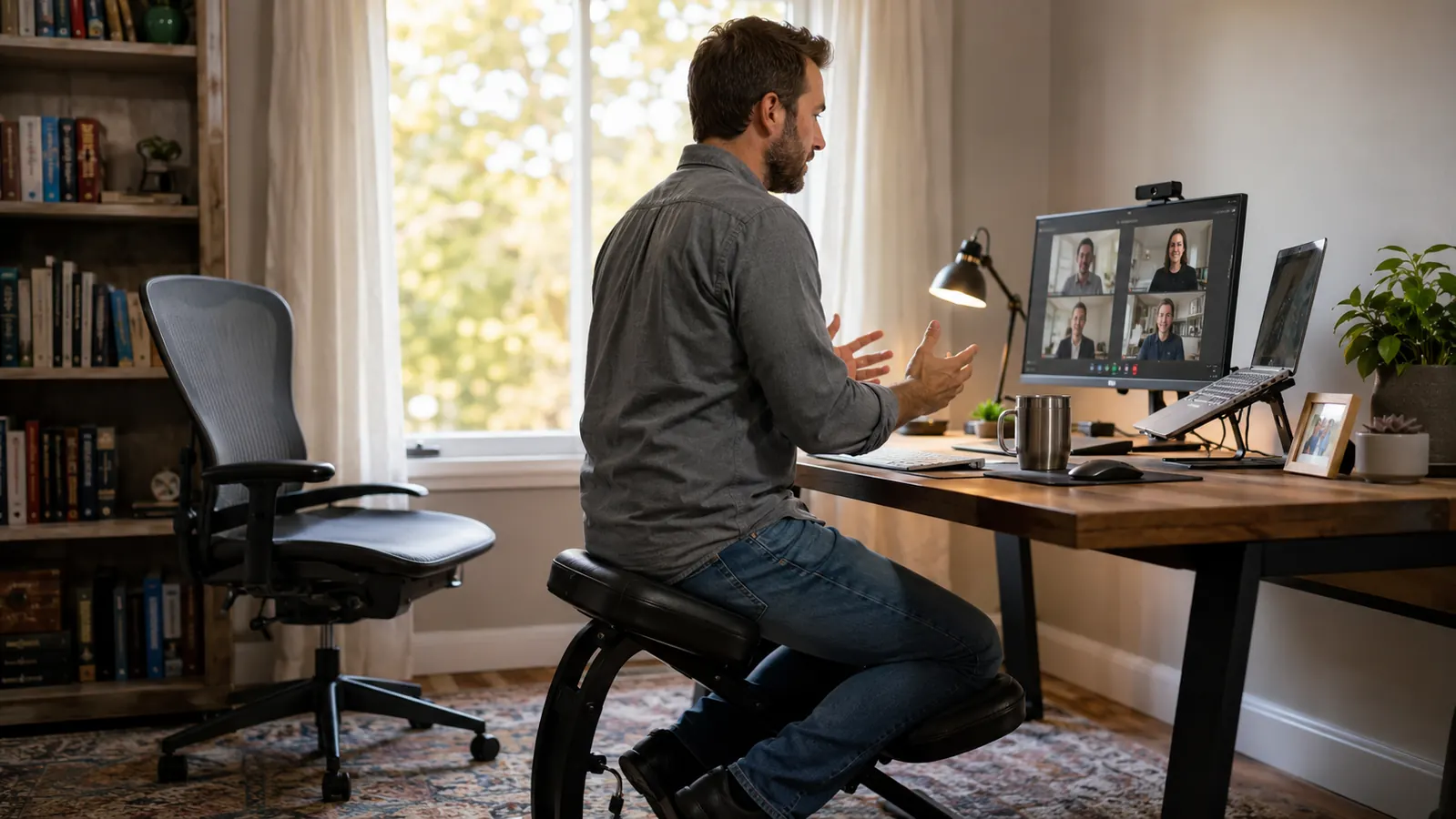 Remote worker mid video call sitting upright on a kneeling chair with a regular office chair visible beside the desk