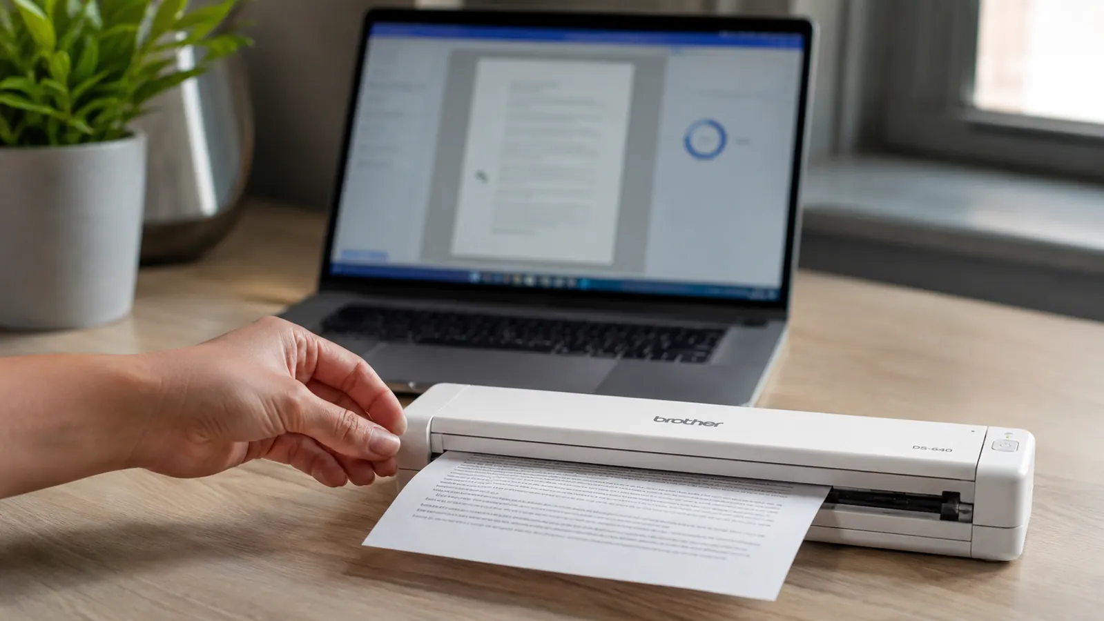 Hand feeding a paper document into the Brother DS-640 scanner on a home office desk