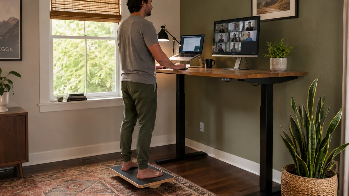 Remote worker standing on a StrongTek wooden balance board while working at a standing desk during a video call