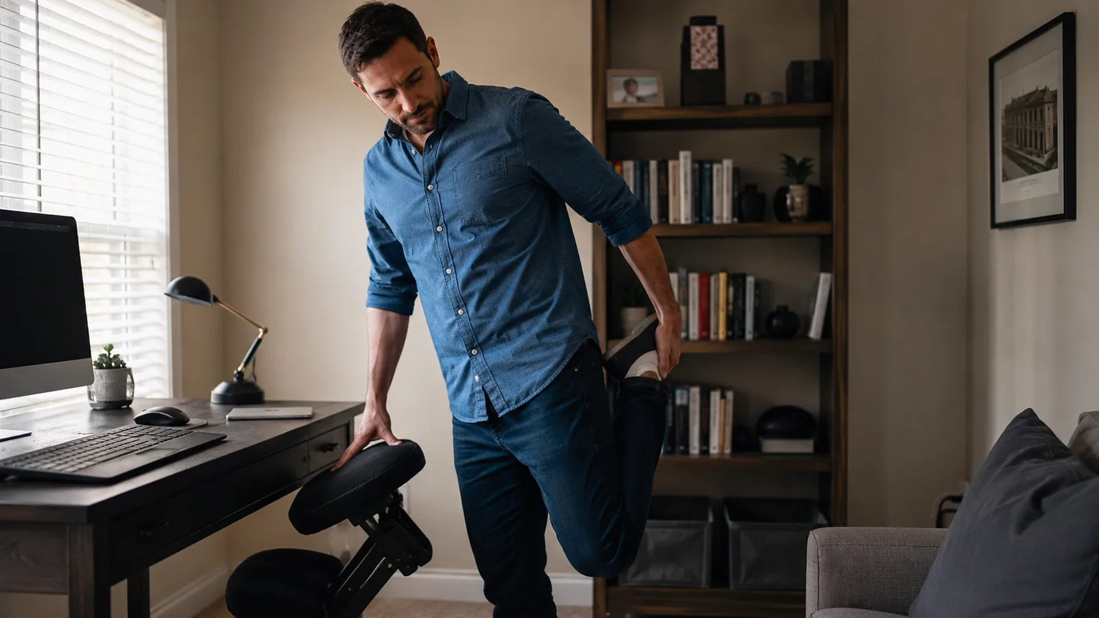 Remote worker standing up from the NYPOT kneeling chair and stretching beside his desk