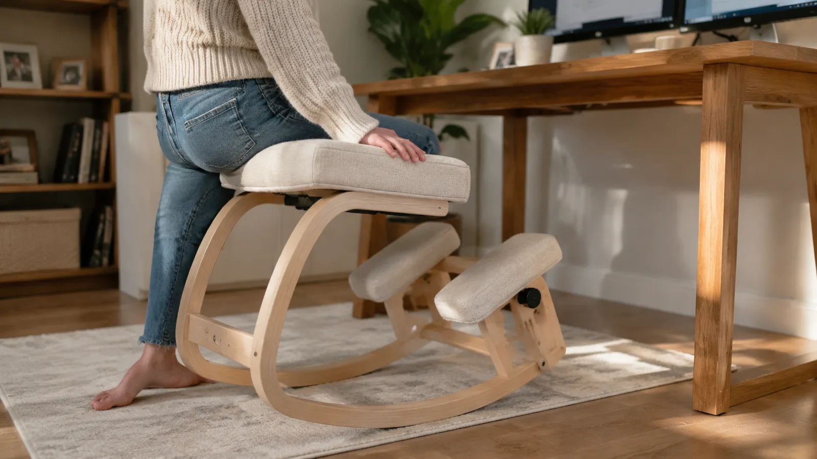 Man adjusting the seat angle lever on the NYPOT kneeling chair before sitting down at his desk