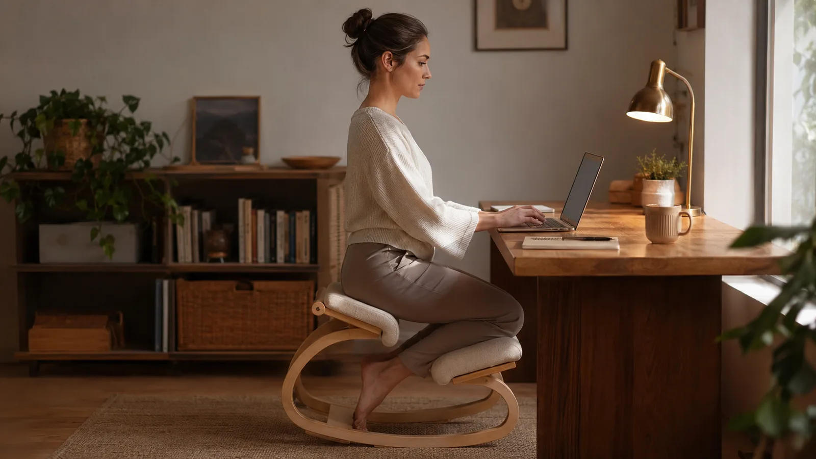 Man kneeling on the NYPOT ergonomic chair while working on a laptop at a home office desk