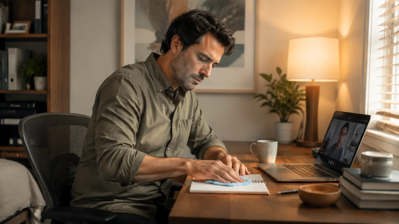 Remote worker wiping down a page of a reusable notepad with a small towel at a tidy home office desk