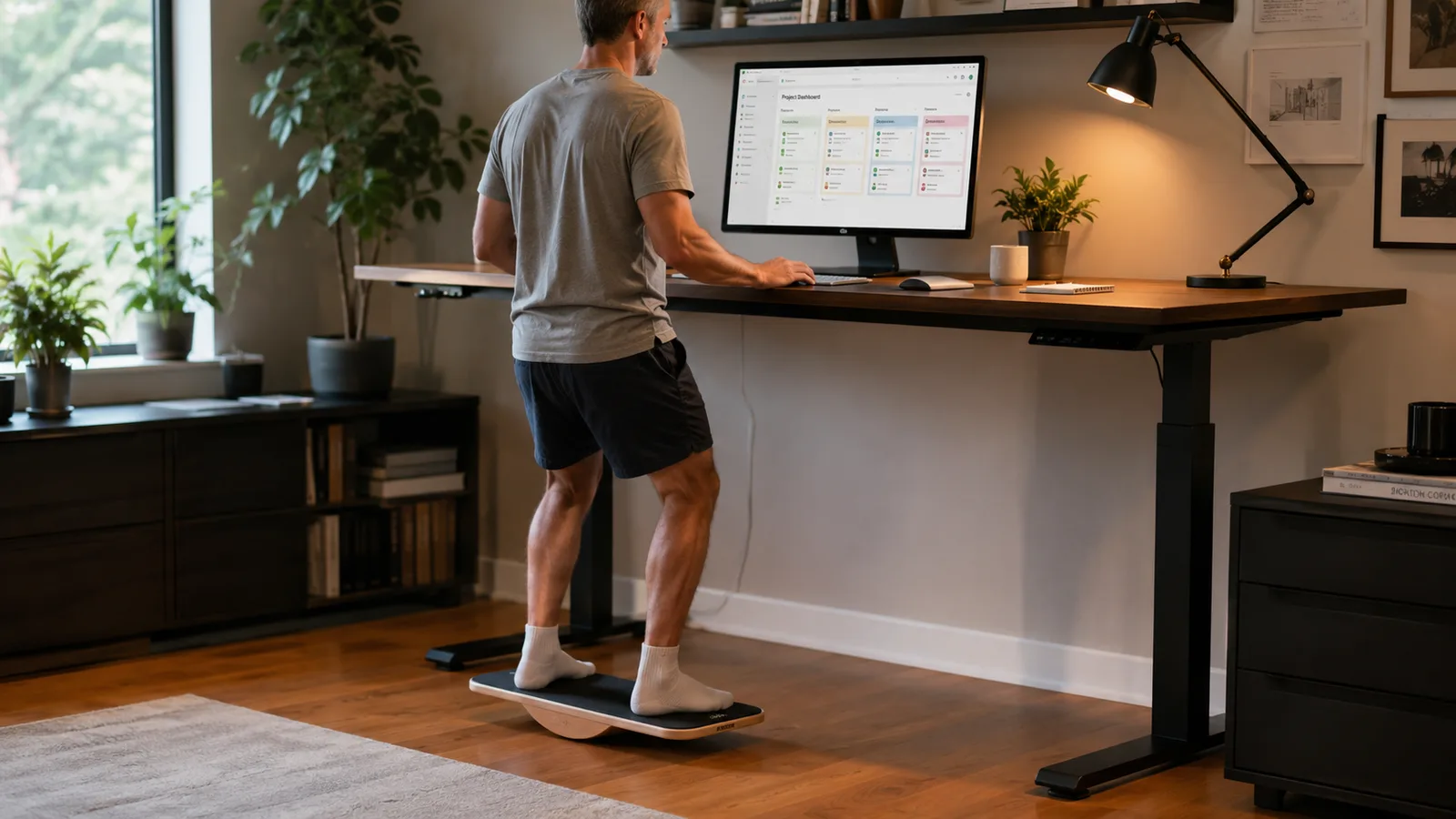 Man in socks standing on a wooden balance board at his standing desk while looking at a monitor
